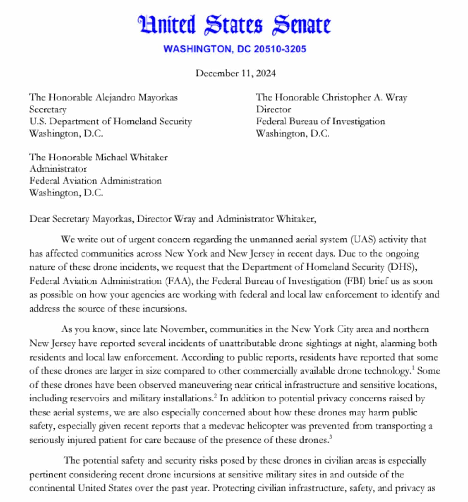 Senators Demand Federal Response To Mysterious Drone Activity Over Ny And Nj