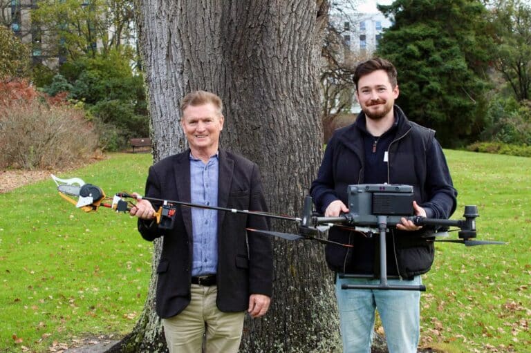 University Of Canterbury Computer Science Professor Richard Green (Left), And Uav Expert Dr Sam Schofield With Their Chainsaw Drone. Photo / Sacha Skinner, University Of Canterbury