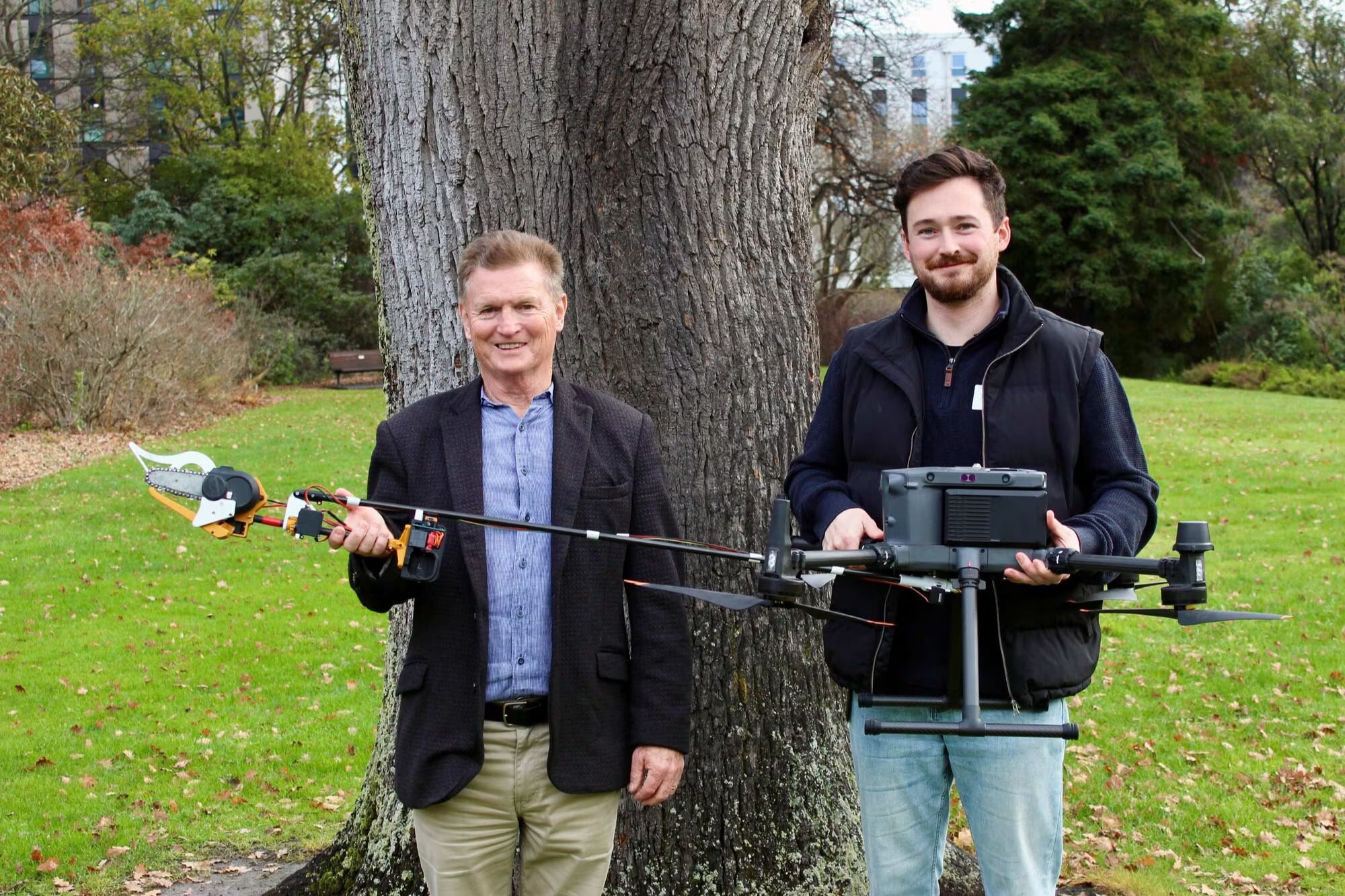University Of Canterbury Computer Science Professor Richard Green (Left), And Uav Expert Dr Sam Schofield With Their Chainsaw Drone. Photo / Sacha Skinner, University Of Canterbury
